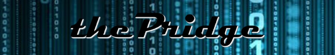 the Pridge, Warren's gaming brand, lettering over a binary-code background