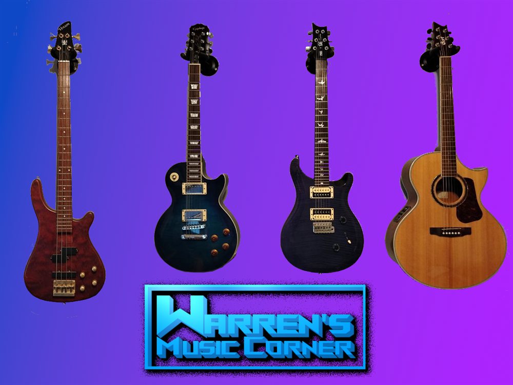Warren's Music Corner, four of Warren's guitars (bass, electric, single-cut and acoustic) beneath the Warren's Music Corner wordmark