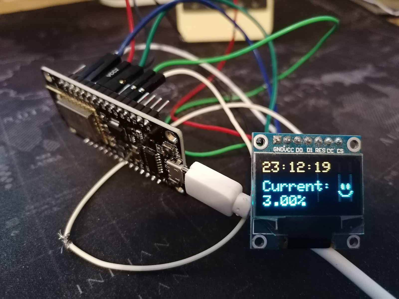 A small OLED screen reading Current: 3.00% with a smiley face icon