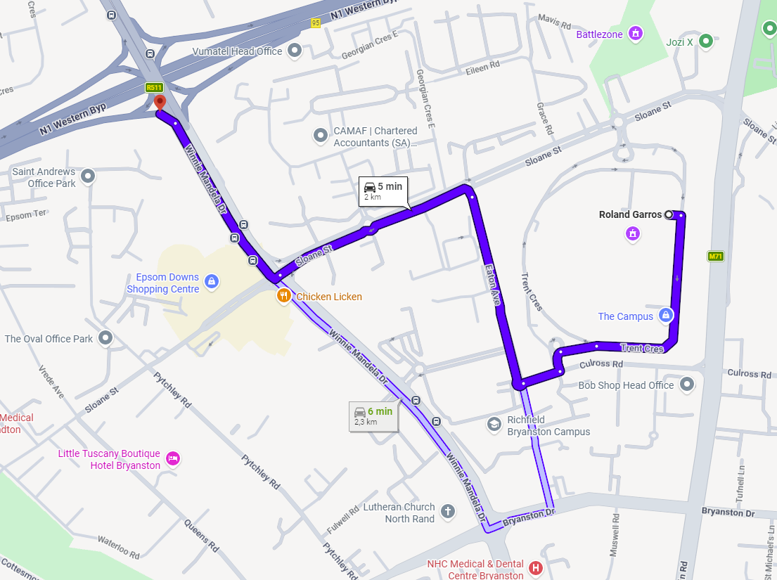 Google Maps route from The Campus in Bryanston to the N1 on-ramp: 2 km, 5 minutes