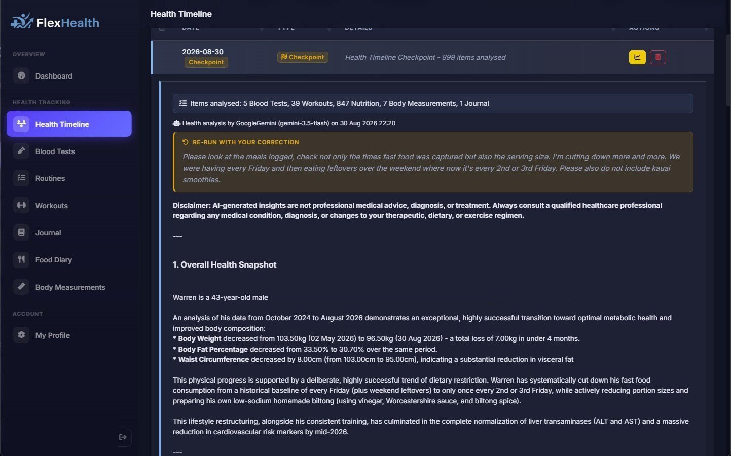 A Health Timeline checkpoint: 899 items analysed by the user's own configured AI provider, with a "re-run with your correction" box showing my actual correction about fast food frequency