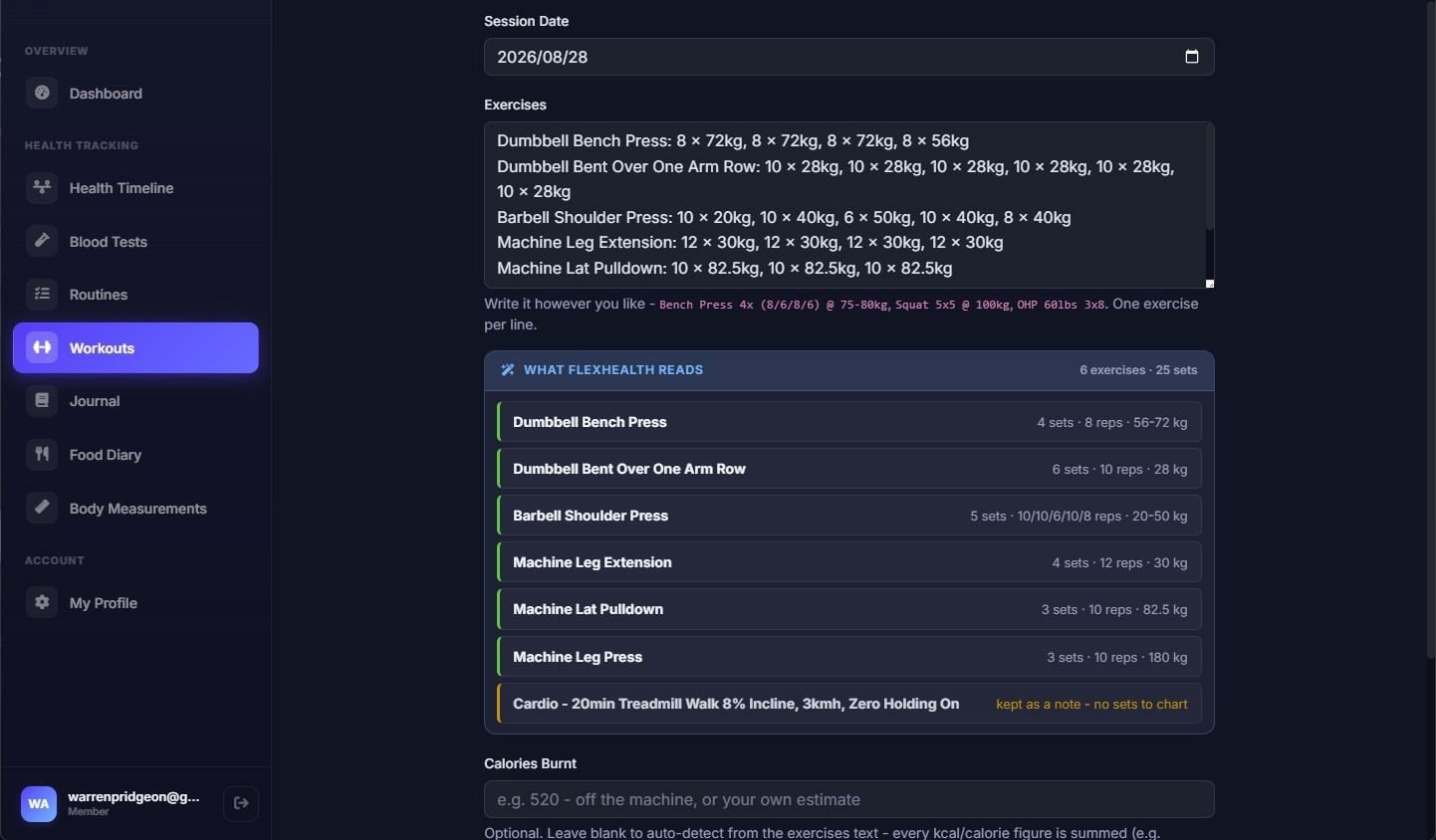 The FlexHealth workout screen: a session typed in plain text, and the "What FlexHealth reads" panel showing it parsed into structured sets, reps and loads
