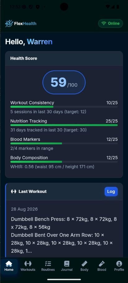 The FlexHealth Android app home screen: health score 59 out of 100, with honest component scores for workout consistency, nutrition tracking, blood markers and body composition, and the last workout logged